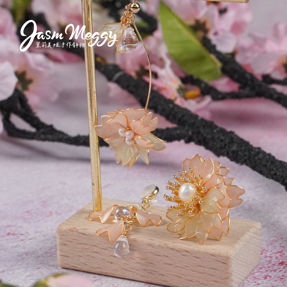 Jasmmeggy 茉莉美姬水晶花手作飾品 櫻·吹雪 垂墜兩用款耳環
