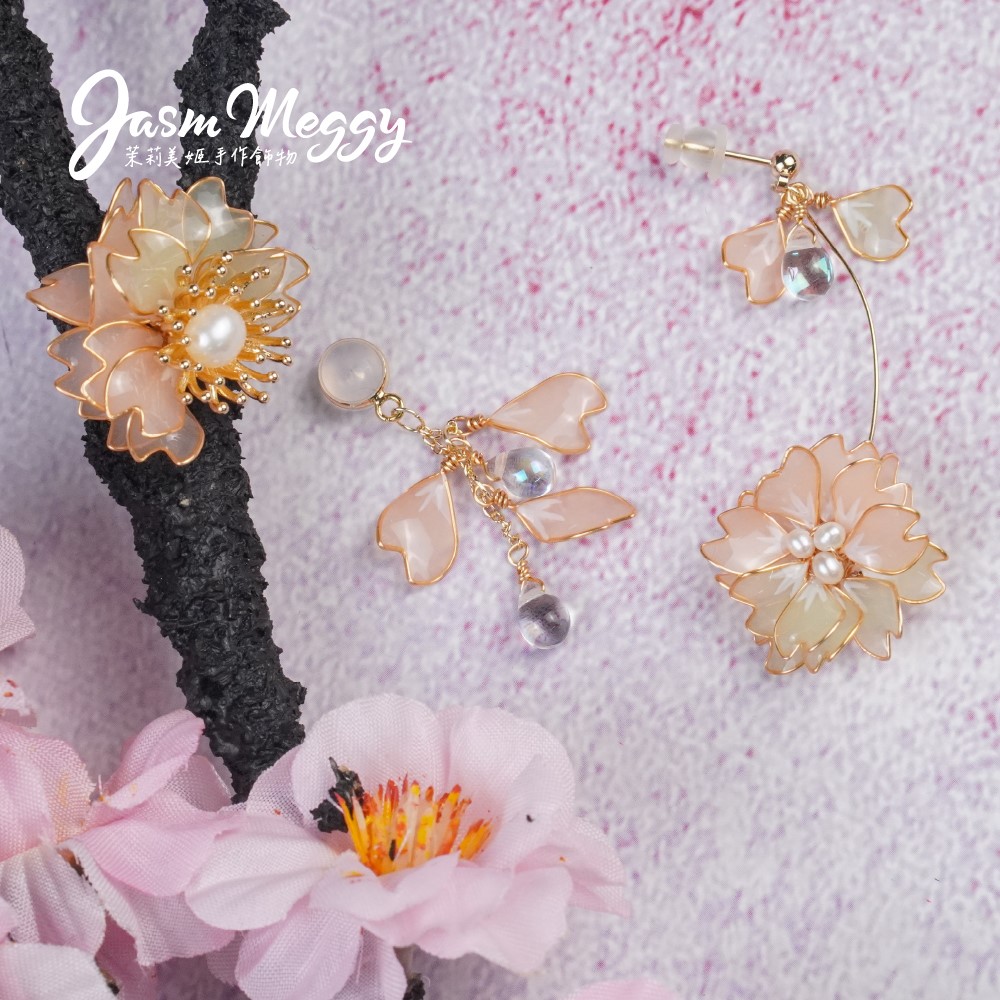 Jasmmeggy 茉莉美姬水晶花手作飾品 櫻·吹雪 垂墜兩用款耳環